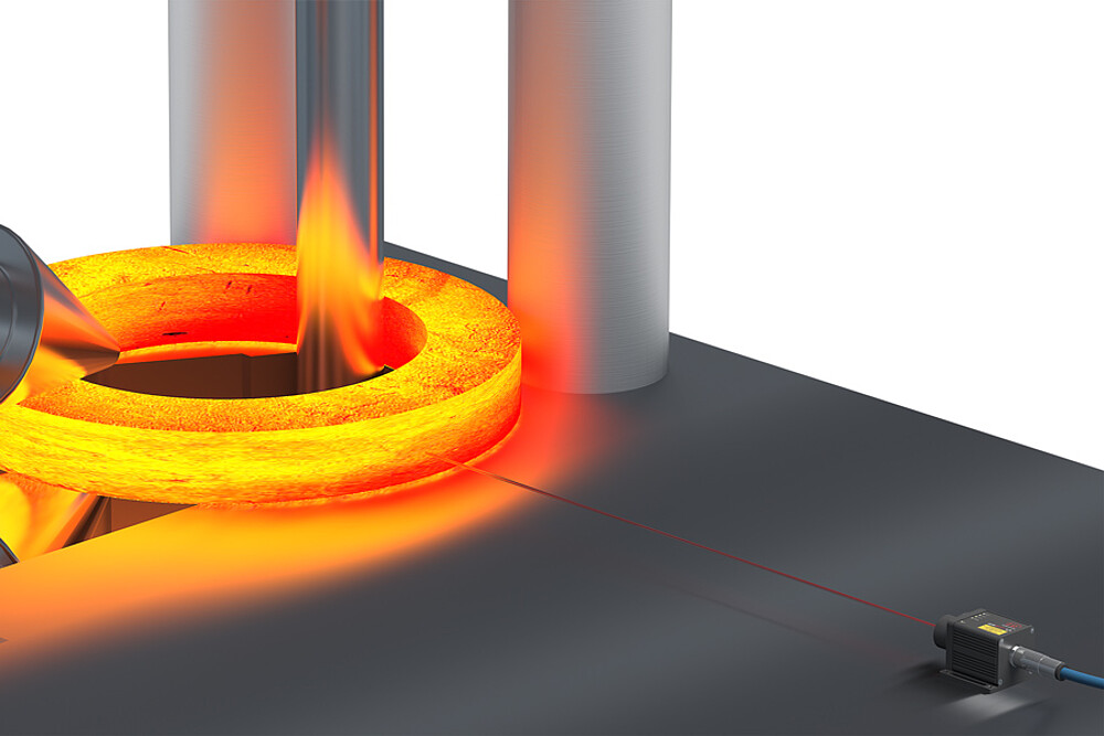 The laser distance sensor measures on red-hot glowing metals.